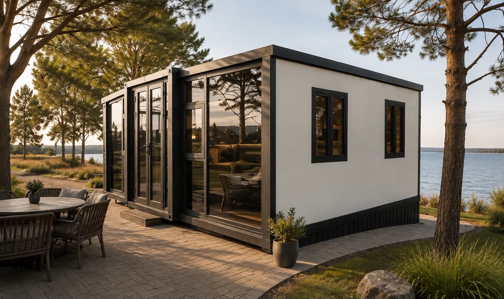 Studio ar gaišu fasādi pie ezera